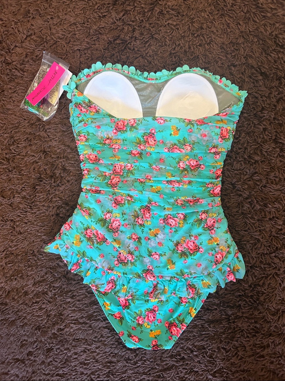 NWT Betsey Johnson Aqua Floral Ruffled One-Piece Swimsuit W/Optional Straps - Picture 4 of 4